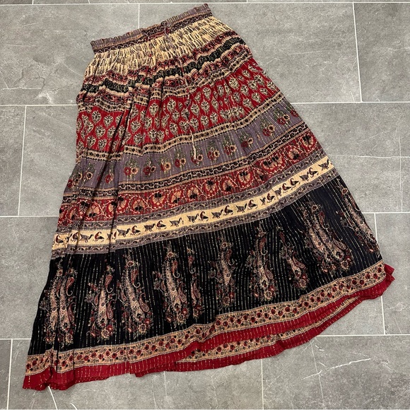 Vintage boho maxi skirt long metallic gold paisley floral red purple black - Picture 2 of 7